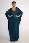 Buy_Merge Design_Blue Modal, Satin Embroidery, Stones V-neck Coin Kaftan With Belt _at_Aza_Fashions