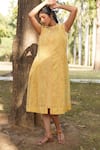 Buy_Dhaari_Yellow Handwoven Cotton Silk Hand Painted Kantha Collar And Embroidered Dress _at_Aza_Fashions