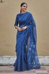 Vaayu_Blue Cotton Muslin Bloom Discharge Print Saree With Blouse_Online_at_Aza_Fashions