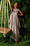 Buy_Pallavi Poddar_Grey Dupion Embroidery Thread Round Cosmos Neckline Draped Jumpsuit _at_Aza_Fashions