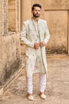 Buy_LASHKARAA_Green Velvet Printed Floral Mandarin Collar Embroidered Sherwani Set _at_Aza_Fashions