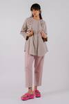 Buy_Tussah By Siddhi Shah_Grey Cotton Embroidery, Cut Work Round Neck Flap Shirt With Checkered Pant _at_Aza_Fashions