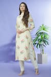 Buy_Shruti Sancheti_Peach Cotton Printed Flower Butta Band Collar Kurta  _at_Aza_Fashions