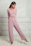 Buy_Couche_Pink Punto Woven Plain V Neck Crop Top And Pant Set  _at_Aza_Fashions