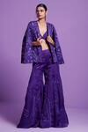 Buy Parul Gandhi Purple Satin, Organza, Cotton Sequins, Embellished Cape Sleeve Jacket Pant Set at Aza Fashions Buy_Parul Gandhi_Purple Satin, Organza, Cotton Sequins, Embellished Cape Sleeve Jacket Pant Set _at_Aza_Fashions