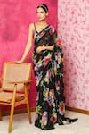 Buy_Dohr India_Black Organza, Silk Embroidery Printed Pre-draped Saree _at_Aza_Fashions