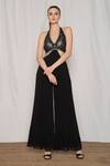 Buy_Amrta By Guneet Kondal_Black Viscose Beads, Sequins Plunge Neck Floral Embroidered Jumpsuit _at_Aza_Fashions