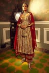 Buy_Etasha by Asha Jain_Maroon Embellished 3d Floral Motifs Leaf Metallic Textured Anarkali With Cape _at_Aza_Fashions