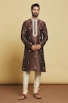 Buy_Arihant Rai Sinha_Brown Silk Embroidery Thread Kurta Set _at_Aza_Fashions