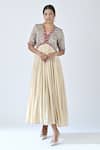Buy_Sejal Kamdar_Beige Muslin, Silk Zari, Embroidery V-neck Ajrakh Print Yoke Dress _at_Aza_Fashions
