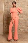 Buy_B'Infinite_Coral Crepe One Shoulder Top And Trouser Set_at_Aza_Fashions
