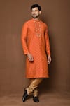 Buy_Aryavir Malhotra_Orange Kurta Raw Silk Embroidered Threadwork Patterned With Contrast Churidar_at_Aza_Fashions