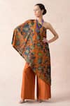 Buy_Thetaa_Orange Chanderi Silk Floral One Shoulder Kaftan Tunic And Palazzo Set _at_Aza_Fashions