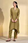 Buy_AFFROZ_Brown Viscose Linen Lace V Neck Asymmetric Hem Kurta With Narrow Pant _at_Aza_Fashions