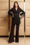 Buy B'Infinite Black Crepe Lapel Collar Frill Blazer And Trouser Set at Aza Fashions Buy_B'Infinite_Black Crepe Lapel Collar Frill Blazer And Trouser Set_at_Aza_Fashions