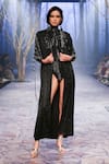 Buy_Nirmooha_Black Shimmer Embroidery Tassels Open Trench Jacket _at_Aza_Fashions