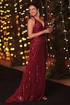 Buy_Bhawna Rao_Red Italian Tulle Hand Embroidery Beads Plunge V Neck Crystal Gown _at_Aza_Fashions