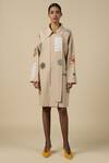 Buy_Shahin Mannan_Beige Poplin Embroidery Split V-neck Abstract Shapes Oversized Jacket Dress _at_Aza_Fashions