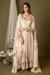 Buy_Pds By Sneha_Ivory Organza Embroidery Floral Mandarin Collar Anarkali With Dupatta  _at_Aza_Fashions