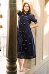 Buy_Vaani Beswal_Blue Handwoven Cotton Embroidered Thread Collared Neck Zara Midi Dress _at_Aza_Fashions