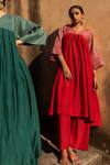 Buy_Avaasya Jaipur_Red Cotton, Silk Gota Patti V-neck V Anarkali And Pant Set _at_Aza_Fashions