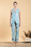 Buy_Divi by sonal khandelwal_Sky Blue Cotton Poplin Print Lotus Lapel Collar Nelumbo Top And Pant Set _at_Aza_Fashions