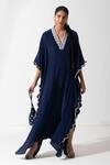 Buy_Rishi and Vibhuti_Blue Crepe Embroidered Zardozi V Neck Haya Neckline Kaftan _at_Aza_Fashions