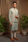 Buy_Darshika Menswear_Green Satin Linen Embroidery Thread Pearl Bundi And Kurta Set_at_Aza_Fashions