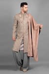 Buy_Soniya G_Brown Handloom Cotton, Silk Embroidery Floral Sherwani Set_at_Aza_Fashions