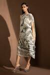 Buy_Abhishek Sharma_White Poly Georgette Printed Geometric Asymmetric Overlap Draped Dress  _at_Aza_Fashions