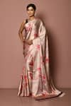 Buy_Khwaab by Sanjana Lakhani_Peach Satin Crepe Ribbed Printed Floral Bouquet Pattern Saree _at_Aza_Fashions