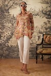 Buy_Kalista_Brown Viscose Satin Printed Botanical Spread Collar Hazel Tunic And Pant Set _at_Aza_Fashions