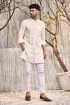 Buy_Charkhee_Off White Dobby Cotton Solid Mandarin Collar Short Kurta _at_Aza_Fashions