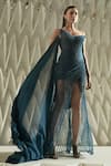 Buy_Rohit Gandhi + Rahul Khanna_Blue Tulle Beads, Sequins, Crystals One Shoulder Ada Off Gown _at_Aza_Fashions