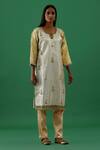 Buy_5elements_Gold Silk Placement Embroidery Beads Notched Neck Textured Kurta With Pant _at_Aza_Fashions