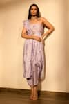 Buy_Pasha India_Purple Linen Floral Square Neck Draped Blouse And Dhoti Pant Set _at_Aza_Fashions