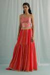 Surbhi Gupta_Pink Cotton Satin, Georgette, Organza Embroidery, Sarai Block Print Lehenga Set _Online_at_Aza_Fashions