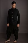 Buy_GRAM OF INK_Black Jacket - Matka Silk Solid Bandhgala With Cowl Pant  _at_Aza_Fashions