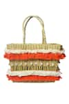 Buy_GINN AND TONIK_Beige Shell And Fringe Trim & Embellished Woven Beach Bag _at_Aza_Fashions