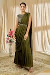 Buy_Alaya Advani_Green Chinnon Embroidered Geometric Pre-draped Saree With Sleeveless Blouse_at_Aza_Fashions