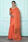 Buy_Samyukta Singhania_Peach Silk Cotton Woven Jamdani Saree _at_Aza_Fashions