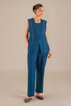 Buy_Ampm_Blue Linen Embroidery Round Neck Asymmetric Jacket And Pant Set_at_Aza_Fashions