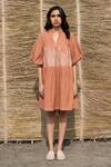 Buy_Ayaka_Brown Corduroy Embroidery Asymmetric Floral Patchwork Puff Sleeve Dress _at_Aza_Fashions
