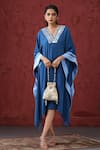 Buy_MINAKI_Blue Georgette And Satin Embroidery Mirror Work V Neck Neckline Kaftan _at_Aza_Fashions