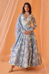 Buy_LASHKARAA_Blue Chanderi Printed Floral V Neck Anarkali Set _at_Aza_Fashions