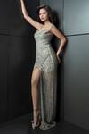Buy_Rohit Gandhi + Rahul Khanna_Silver Tulle, Viscose Sequins, Crystals Cressida Embellished Side Slit Gown _at_Aza_Fashions