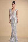 Buy_Kommal Sood_Silver Lycra Stretch Net Graphic Pattern Work Cap Sleeve Gown  _at_Aza_Fashions