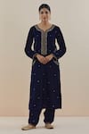 Buy_Makaan.51_Blue Silk Velvet Embroidered Sequin Floral Kurta With Salwar Set  _at_Aza_Fashions