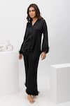 Buy_Dawn And Dusk_Black Silky Satin Collared Neck Pearl Feather Detailed Shirt And Pant Set _at_Aza_Fashions