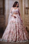 Buy_Label Priyanka Kar_Pink Net Hand Embroidered Floral Patterns V Neck Bridal Lehenga Set _at_Aza_Fashions